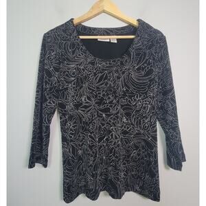 Chicos Slinky Acetate Top Womens 1 3/4 Sleeve Black Print